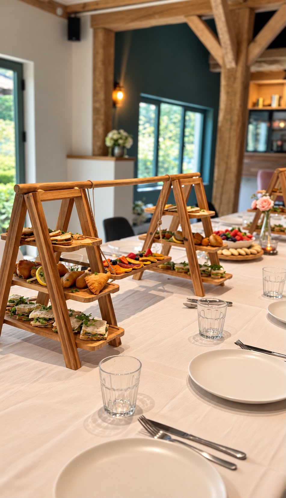 Gedekte tafel met signature houten etagères vol Caribbean bites